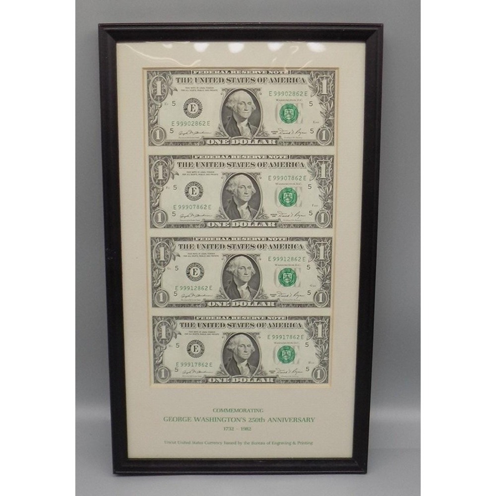 Uncut US Currency Dollar Bills 1981 Commemorating G Washington's 250th Anniv